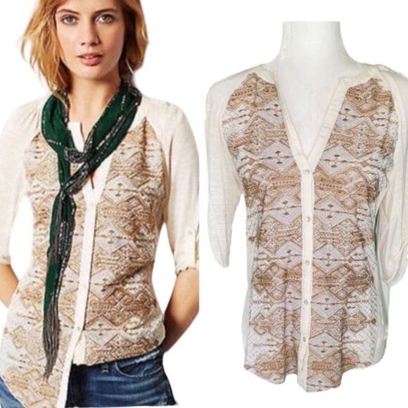 ANTHROPOLOGIE TINY Silk Metallic Silver & Gold Embroidered Henley Tee XS - Picture 1 of 9